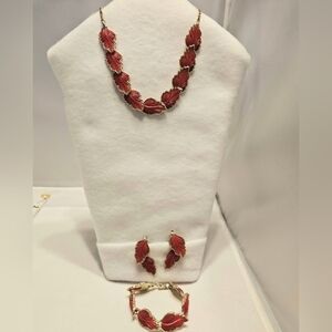 Vintage 1950s Red Thermoset Leaf Jewelry Set - Necklace, Bracelet, and Earrings